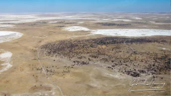 Wide aerial landscape of the Makgadikgadi Pans salt flats and dry wilderness in Botswana